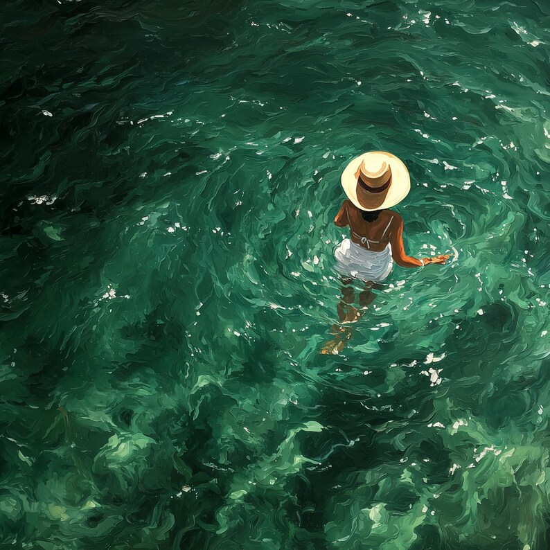 May include: An oil painting depicting a figure wearing a wide-brimmed straw hat and a white swimsuit, partially submerged in deep emerald green water. The surface of the water shows textured brushstrokes and light reflections in shades of teal.