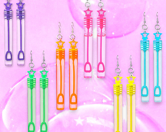 Handmade Functional Bubble Wand Dangle Earrings, Novelty Funky Jewelry