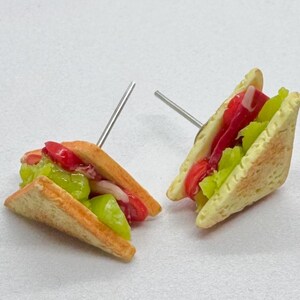 Pu&ograve; includere: Un paio di orecchini a forma di sandwich in miniatura. Ogni orecchino presenta un sandwich triangolare con strati di pomodori rossi, lattuga verde e altri ripieni tra pane tostato, tenuti insieme da un perno d'argento.