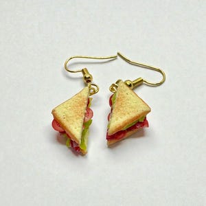 Pu&ograve; includere: Un paio di orecchini a forma di triangoli di sandwich in miniatura. Gli orecchini hanno fili per le orecchie dorati e sono progettati per assomigliare a pane tostato, lattuga e ripieni di pomodoro. Un accessorio divertente e stravagante.