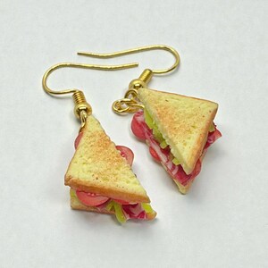 Pu&ograve; includere: Un paio di orecchini a forma di tranci di sandwich in miniatura. Ogni orecchino ha un gancio color oro e un sandwich triangolare con strati di pane, pomodoro, lattuga e carne. Il pane ha un aspetto tostato.