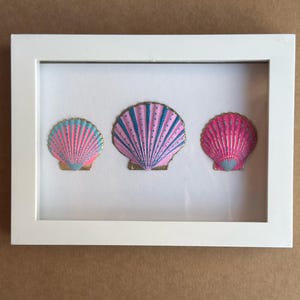 May include: A white framed art piece featuring three colorful seashell designs. The shells are painted in shades of pink, blue, and gold, with a detailed, fan-like pattern. The artwork is displayed on a white background.