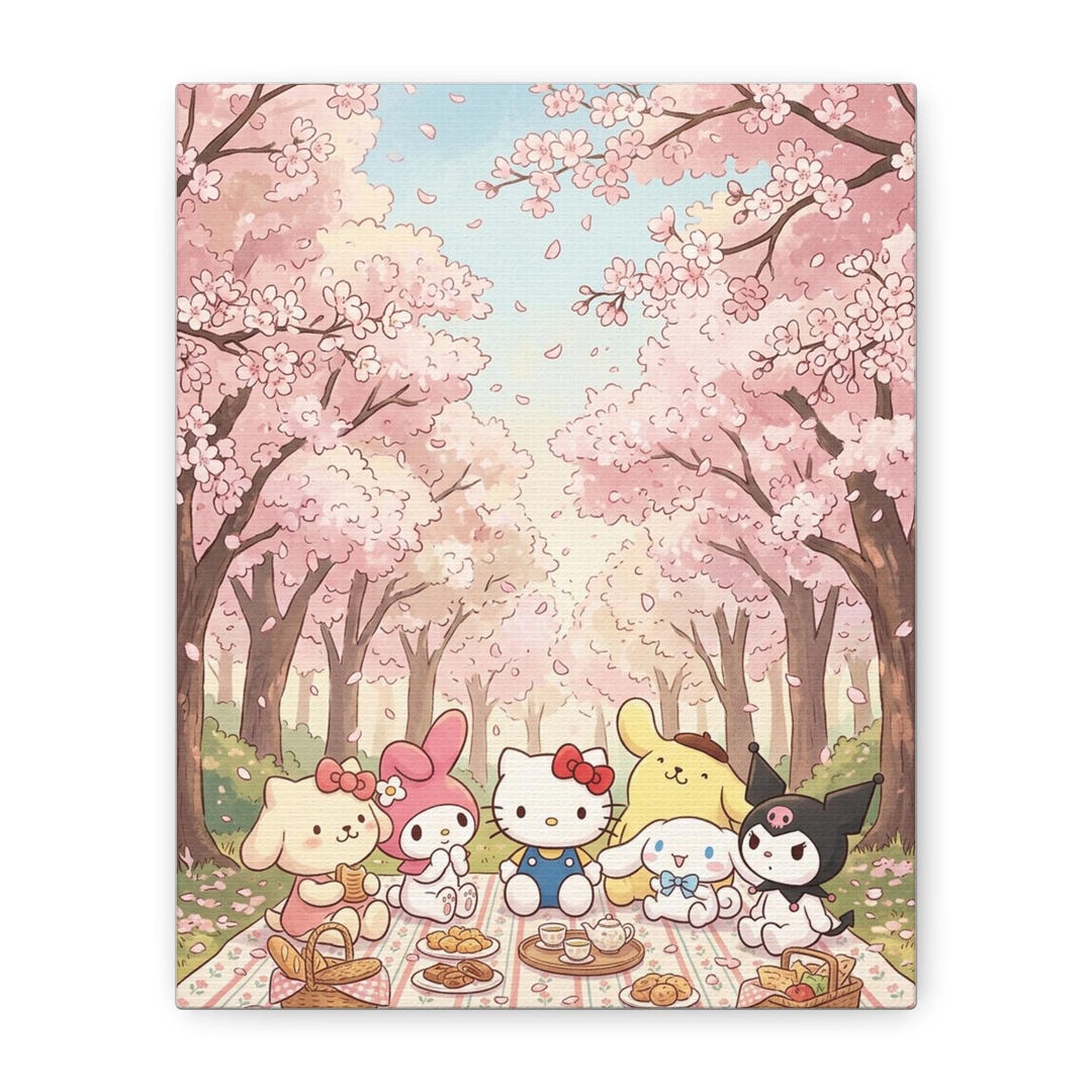 Hello Kitty Cherry Blossom Picnic Wall Art Canvas Print, Cute Sanrio ...