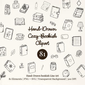 Può includere: Una collezione di 81 illustrazioni a tratto nero disegnate a mano con libri, diari, una tazza da tè, candele, occhiali, un gomitolo di lana e articoli di cancelleria. Il testo recita Hand-Drawn Cozy-Bookish Clipart, 81 e Hand-Drawn bookish Line Art.