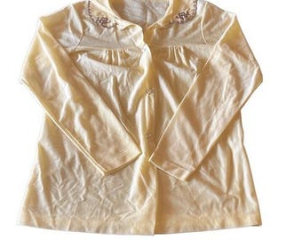 Sears Vintage 32 1980s Gelbe Button Down Besticktes Pyjama Top Grandma