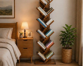 10-Tier Tree Bookshelf, Narrow Wooden Bookcase for Small Spaces, Vertical Corner Storage Shelf Organizer