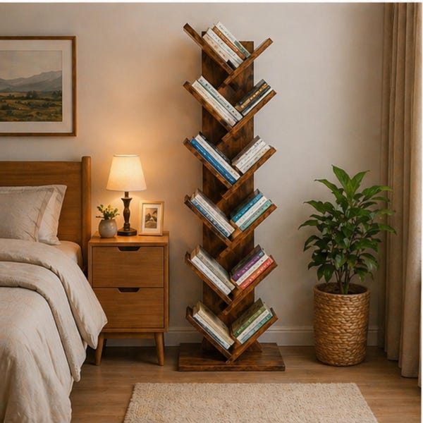 10-Tier Tree Bookshelf, Narrow Wooden Bookcase for Small Spaces, Vertical Corner Storage Shelf Organizer