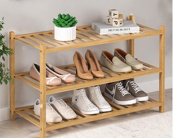 Eco-Friendly Bamboo 3-Tier Shoe Rack, Stackable Entryway Organizer Shelf for Closet, Bathroom, Living Room