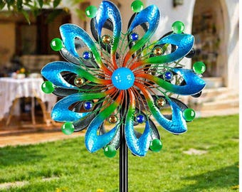 Kinetic Wind Spinner Outdoor Metal Garden Decor | 75 Inch Heavy Duty Yard Spinner Solar LED
