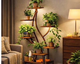 6-Tier Pine Tree Plant Stand, Indoor Vertical Garden Shelf with LED Grow Lights
