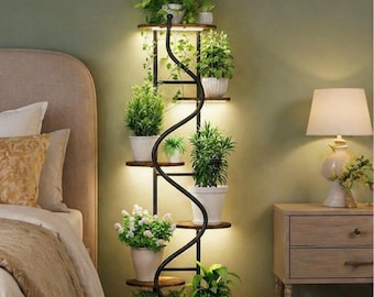6 Tier Plant Stand with 4 Head Grow Lights, 63" Indoor S-Shaped Shelf with Full Spectrum LED, Plant Rack for Living Room Balcony Decor