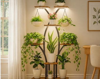 7-Tier Plant Stand with Grow Lights, 63" Inch X-Shaped Indoor Shelf, Metal Wood Decor
