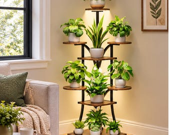 Plant Stand with Grow Lights, 8 Tier Corner Plant Shelf, Tall Indoor Plant Stand, Rustic Wood Plant Rack, Flower Pot Holder, Plant Display