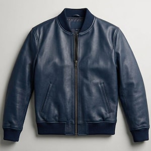 Custom Navy Blue Leather Bomber Jacket with Personalized Patches | Men's Maverick Style Aviator Flight Jacket | Handmade Minimalist Gift