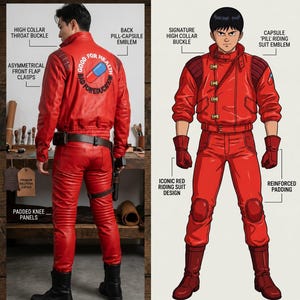 May include: A red leather jacket and trousers set featuring a high collar with a throat buckle, asymmetrical front clasps, and a back emblem depicting a pill with the text Good For Health Bad For Education. The trousers include padded knee panels.