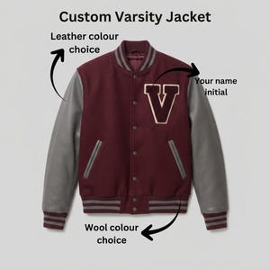 Individuell gestaltete Collegejacke für Damen und Herren, personalisierte Letterman-Jacke, Bomberjacke mit individuellem Initialen-Patch, Baseballjacke aus burgunderroter Wolle und grauem Leder