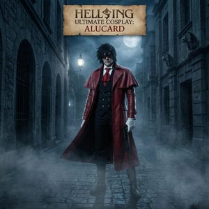 May include: A cosplay costume of Alucard from Hellsing Ultimate, featuring a long red leather trench coat, a black vest, black trousers, a red cravat, white gloves, and dark sunglasses. The image includes the text HELLSING ULTIMATE COSPLAY: ALUCARD.