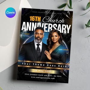 Peut inclure: Flyer promotionnel pour un anniversaire d'église. Le design comprend une photo d'un homme et d'une femme, avec les mots "16e anniversaire de l'église" bien en évidence. L'annonce comprend également la date, l'adresse et le site Web.