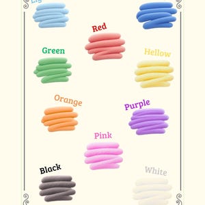 Puede incluir: Una lámina educativa titulada Colors de la Little Learners Collection. Muestra diez nombres de colores con líneas onduladas correspondientes: azul claro, azul, rojo, verde, amarillo, naranja, morado, rosa, negro y blanco. El diseño está organizado con etiquetas de texto sobre cada forma coloreada.