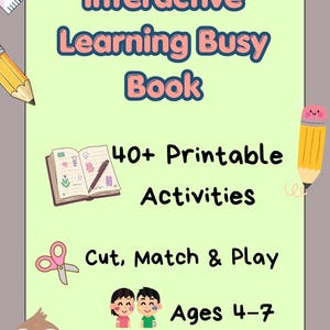 Puede incluir: Un libro de actividades de aprendizaje interactivo con más de 40 actividades imprimibles para edades de 4 a 7 años. La página verde claro muestra texto, una regla, una paleta de pintura, lápices, goma, tijeras, un búho y los números 1, 2 y 3.