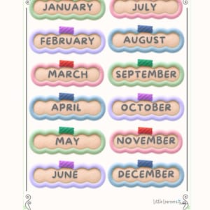 Puede incluir: Un cartel educativo imprimible titulado MONTHS que presenta doce etiquetas de borde festoneado en varios colores pastel. Cada etiqueta muestra un mes del año en texto gris oscuro, rematado con una pequeña pestaña rectangular texturizada.