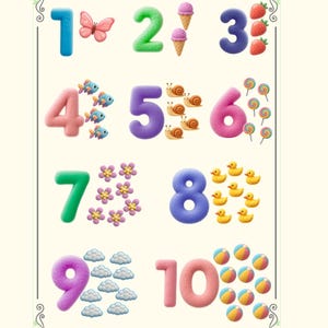 Puede incluir: Un póster educativo imprimible titulado Numers 1-10 Little Learners Collection que muestra números coloridos del uno al diez. Cada número se acompaña de ilustraciones correspondientes: una mariposa, helado, fresas, peces, caracoles, piruletas, flores, patitos de goma, nubes y pelotas de playa.