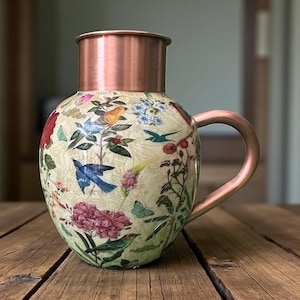 Handmade Premium Floral Designer Copper Jug with Handle – Handcrafted Decorative Water Pitcher | Vintage Style Kitchen & Home Décor