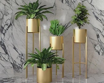 Macetero metálico de suelo para plantas, juego de 3 macetas doradas.