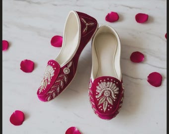 Handmade Jaipuri Ethnics Red Velvet Bead's Work for Women Partys Mojari Juti