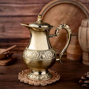 Handmade Brass Water Jug | Handcrafted Floral Design 1Liter | with Brass Handle and Lid | for Dinning, Kitchen, Hotels and Gifting