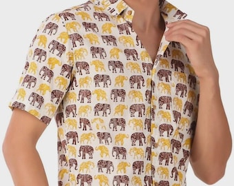 Handmade Pure Cotton Men Regular Fit Printed Spread Collar Casual Shirt