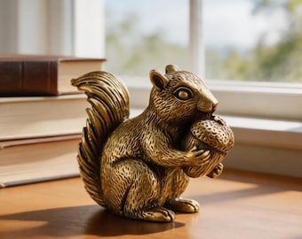 Vintage Brass Squirrel Statue, Woodland Animal Figurine, Retro Brass Sculpture, Rustic Shelf Decor, Cozy Cottagecore Desk Ornament Gift