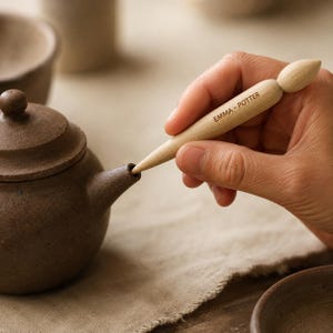 Peut inclure: Une aiguille à thé en bois clair avec une pointe effilée et un manche arrondi, portant le texte gravé EMMA POTTER. L'outil est inséré dans le bec d'une théière en céramique brun foncé texturée, dotée d'un couvercle avec un bouton rond.