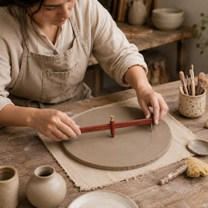 Könnte beinhalten: Ein Töpferwerkzeug aus Holz zum Ausschneiden von Kreisen mit einem Messing-Einstellknopf und einer Metallnadel, platziert auf einer flachen, grauen Tontafel. Das Werkzeug trägt die Gravur EMMA CLAY und CLAY ARTIST auf dem Holzarm.