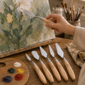 May include: A set of five metal palette knives with light wood handles, each labelled with a number from 1 to 5 and the brand name Emma Artist. The knives feature various blade shapes for oil painting, displayed alongside a wooden palette.