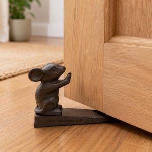 Könnte beinhalten: Ein dunkelgrauer Türstopper aus Gusseisen in Form einer Maus, die auf ihren Hinterbeinen steht und ihre Vorderpfoten gegen eine Holztür drückt. Der keilförmige Sockel des Türstoppers trägt den geprägten Text NO SNEAKING OUT in Großbuchstaben.