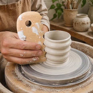 Könnte beinhalten: Ein helles Töpferwerkzeug aus Holz mit einem kreisförmigen Loch und einer gezackten Kante wird verwendet, um ein nasses, hellgraues Tongefäß auf einer Töpferscheibe zu formen. Das Werkzeug weist weiße Tonrückstände auf seiner Oberfläche auf.