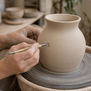 May include: A light beige clay vase on a pottery wheel being carved with a metal loop tool. The tool has a wooden handle with the name EMILY printed on it. The vase has a rounded body and a wide opening, showing smooth, unglazed clay texture.
