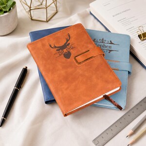 Puede incluir: Un cuaderno color canela con un gráfico de cabeza de ciervo y el texto DR. ING. que incluye un cierre metálico. Detrás hay un cuaderno azul con el nombre Stephen impreso. Un bolígrafo negro y una regla metálica están colocados sobre la tela.