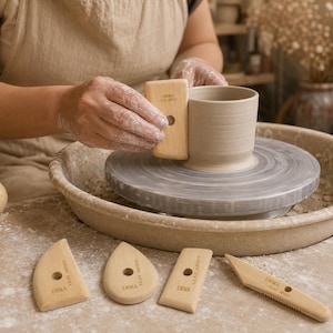 May include: A light-coloured wooden pottery rib tool with a circular hole and the text EMMA CLAY ARTIST engraved on the surface, being used to shape a wet clay cylinder on a spinning pottery wheel, alongside four other wooden clay sculpting tools.