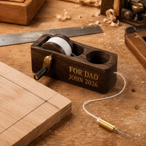 May include: A dark wood chalk line tool featuring a hand crank, a spool of white string, and a brass tip. The side of the rectangular wooden housing is engraved with the text FOR DAD JOHN 2026. The tool includes a circular storage compartment.
