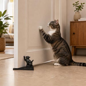 May include: A black cast iron doorstop shaped like a sitting cat with one paw raised. The wedge-shaped base features the text "KEEP IT OPEN" in white lettering. The object is positioned at the base of a white door to hold it in place.