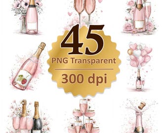 May include: Watercolor illustrations of champagne bottles and glasses in shades of pink and gold. The image includes a gold emblem with the numbers "45", and the text "PNG Transparent" and "300 dpi".