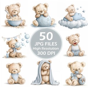 Teddy Bear Blue Baby Clipart Watercolor 50 JPG