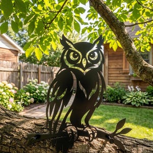 Può includere: Una sagoma in metallo nero di un gufo appollaiato su un ramo. Il gufo presenta ritagli dettagliati per gli occhi, le piume e le ali. L'opera d'arte in metallo è fissata a un ramo d'albero con due viti visibili.