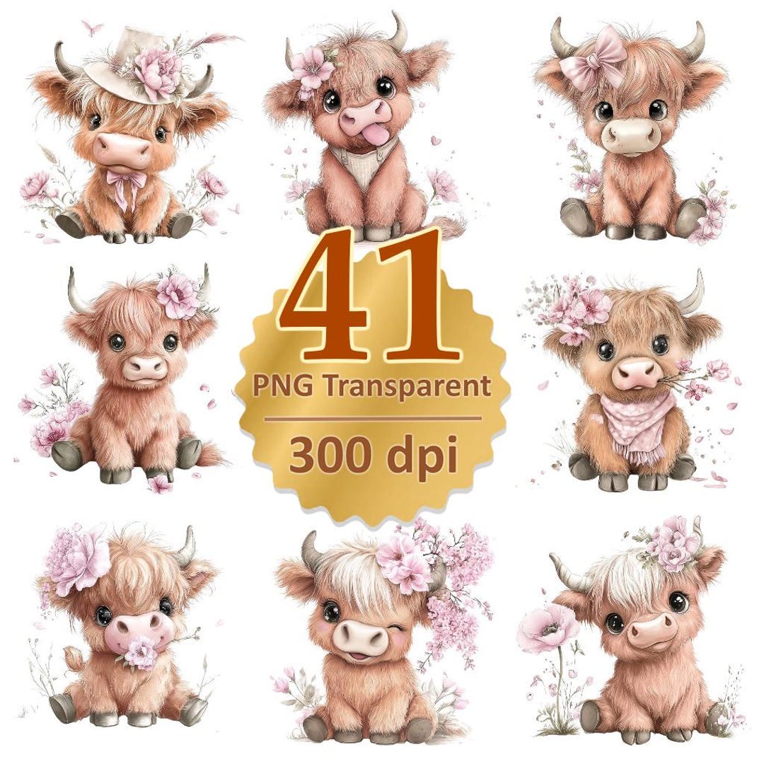 Highland Cow Cute Clipart Watercolor Floral Baby Cow With Flowers, Bows ...