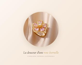 Pink Flower Ring, Adjustable Gold Plated Stainless Steel, Romantic Coquette Ring, Valentine's Day Gift, Mother's Day Jewelry