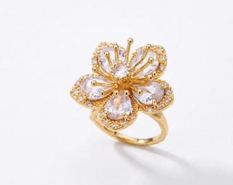 クリスタルダイヤモンドフラワーリング、調節可能なゴールドメッキ、ブライダルエンゲージリング、彼女への高級ギフト、ウェディングジュエリー