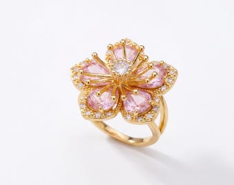 Pink Flower Ring, Adjustable Gold Plated Stainless Steel, Romantic Coquette Ring, Valentine's Day Gift, Mother's Day Jewelry