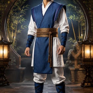 May include: A costume featuring a white long-sleeved tunic and matching trousers, layered with a sleeveless blue tabard. The outfit includes a wide, textured bronze-colored sash with braided tassels, blue forearm wraps, blue leg wraps, and a black conical hat.